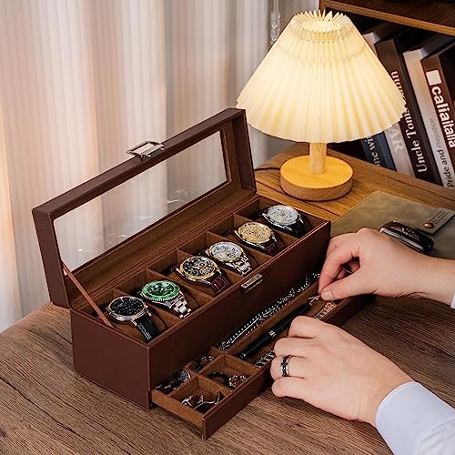 ProCase Watch Box, Fathers Day Gift for Dad, 6 Slot Watches Display Case with Drawer, Mens Watch Case with Glass Lid, 2-Layer Mens Jewelry Organizer Storage Holder -6 Slot, Espresso