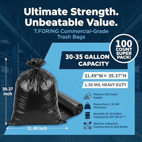 30-35 Gallon Trash Bags Heavy Duty 1.5 Mil - 31" x 39" 100 Count Large Black Garbage Bags 30+ Gallon Strong Plastic Trash Can Liners for Home Kitchen Commercial Lawn and Leaf