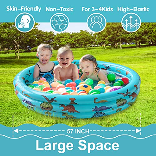 Dinosaur Inflatable Kiddie Pool, Blow Up 3-Ring Round Baby Play Center for Inside or Outdoor, Toddler Ball Pit/Fishing/Toys - 57'x15'