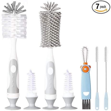 Ariseno 5-in-1 Baby Bottle Cleaner Set, Including Nylon & Silicone Bottle Brush, Cap, Straw & Nipple Brushes, BPA-Free (Grey)