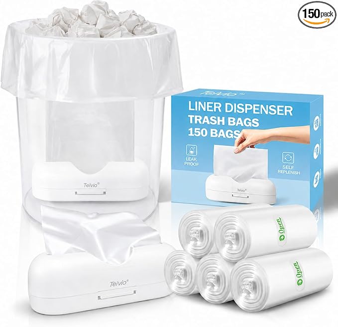 Teivio 150 Count 4 Gallon Trash Bags with Bottom Dispenser Fits Most 4-Gallon Trash Cans, Refill Small Clear Garbage Bags, Waste Basket Liners, for Bathroom, Bedroom, Office, Fits 3–4.5 Gal / 12–15L