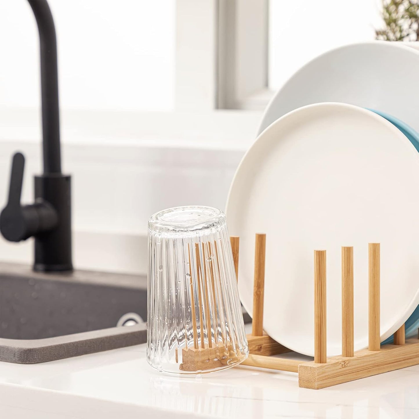 HBlife 2pcs Bamboo Dish Plate Bowl Cup Book Pot Lid Cutting Board Drying Rack Stand Drainer Storage Holder Organizer Kitchen Cabinet(Keep Dry)