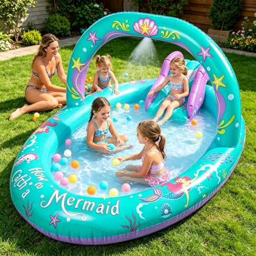 SULIFEEL 2026 Inflatable Mermaid Play Center Kiddie Pool with Slide and Sprinkler for Children, Summer Splashing Baby Pool for Backyard and Garden 96"x59"39"