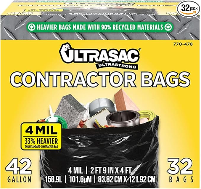 Ultrasac Extra Heavy Duty Contractor Bags - 42 gallons 4 Mil (32 Pack w/Ties) - 33" x 48" Extremely Thick and Tough Professional Trash Bag for Construction, Commerical, Industrial, Yard, Outdoor use