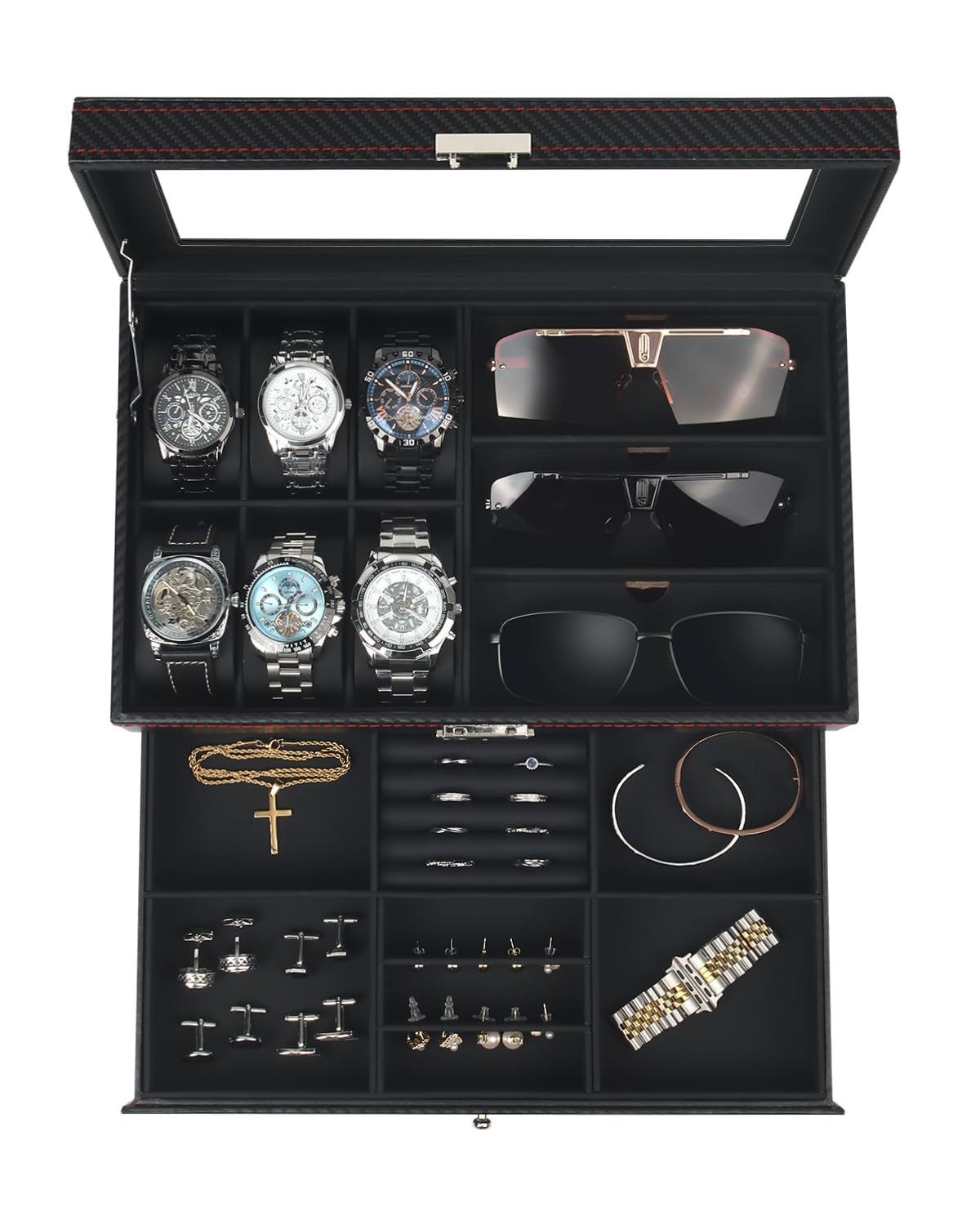 Kukikan Watch Jewelry Box Organizer, 6-Slot 2-Layer Watch Case and Sunglasses Storage with Large Glass Lid, Men's Jewelry Box with Lock, Watch Holder Display Case, Fathers Day Gift for Dad
