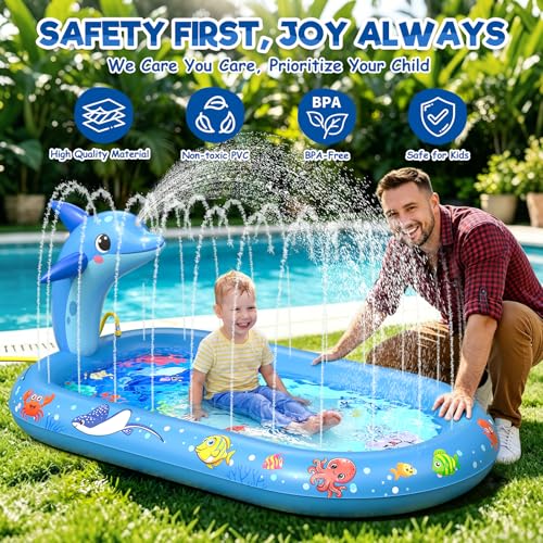 Splash Pad for Toddlers, 3-in-1 Dolphin Inflatable Baby Pool Sprinkler for Kids, Baby Splash Pads Outdoor Play Mat, Backyard Summer Water Toys Birthday Gift for 1+ Year Old Girls Boys