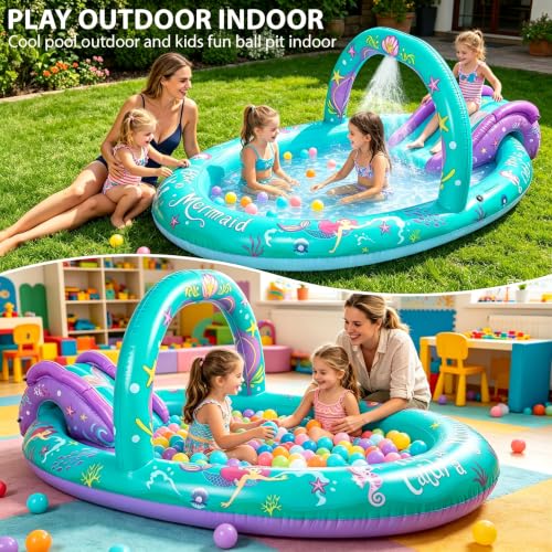 SULIFEEL 2026 Inflatable Mermaid Play Center Kiddie Pool with Slide and Sprinkler for Children, Summer Splashing Baby Pool for Backyard and Garden 96"x59"39"