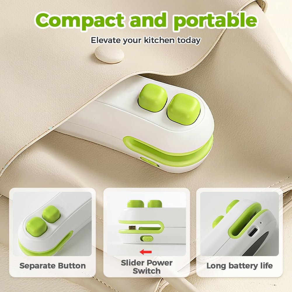 Mini Bag Sealer, 2-in-1 Heat Sealer and Cutter with Magnet, Portable USB Rechargeable Bag Resealer for Chip Bags, Snacks & Food Storage, Handheld Chip Bag Sealer (White)