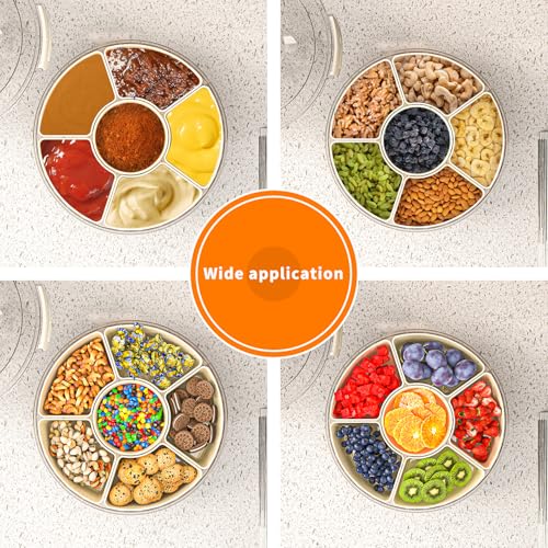Divided Serving Tray with Lid and Handle, Stackable Snackle Box Container for Fruits Candy Organizer, Portable Spinning Rounded Veggie Tray for Kitchen, Party, Trave and Picnic-1 PACK