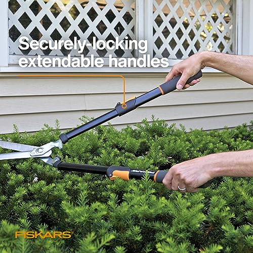 Fiskars Power-Lever Extendable Hedge Shears, Self-Sharpening Serrated Steel Blades for Clean Cuts, Handles Adjust 25"-33" for High Reach, Multiplies Leverage for 2x Power, 10" Blades, Orange/Black