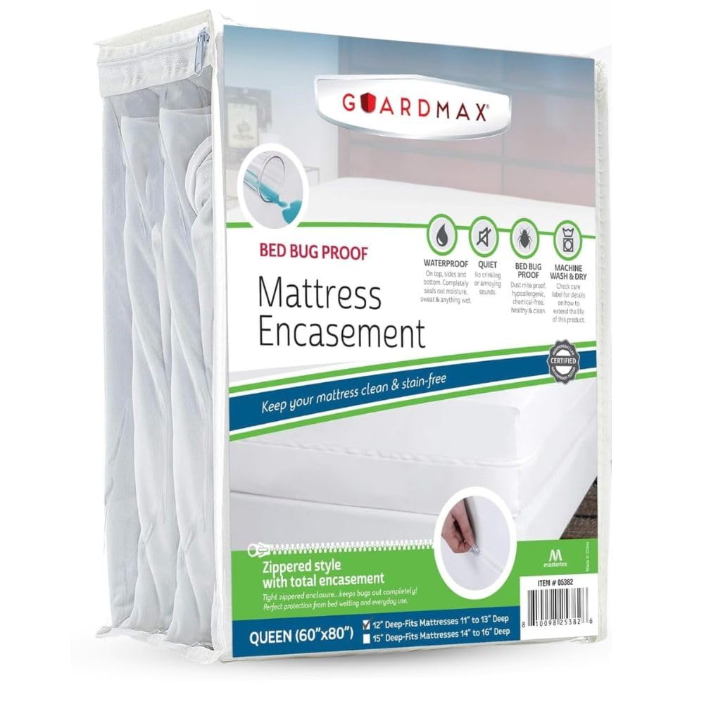 Guardmax Queen Mattress Encasement with Zipper, Waterproof, Bed Bug Proof, and Dust Mite Proof Mattress Protector for Queen Size Bed up to 12" Deep, Zippered All Around Jersey Knitted Mattress Cover