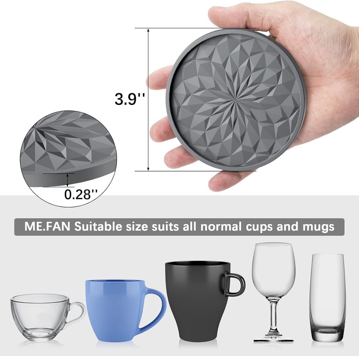 ME.FAN Silicone Coasters with Holder,6 Pack Drinking Coasters - Cup Mat for Hot or Cold Drinks, Thickened, Non-Slip, Non-Stick, Deep Tray Black