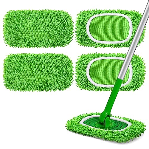 Reusable Microfiber Mop Pads Compatible with Swiffer Sweeper- 4 Pack Dry Sweeping Cloths & Wet Mopping Cloths - Chenille Washable Wet Pads Refill for Mopping Floors (Mop is not Included)