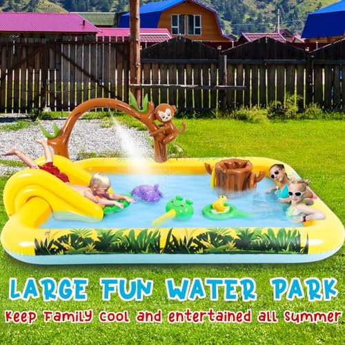 Inflatable Jungle Animal Play Center Outdoor Playhouse Inflatable Water Park with Kid Pool Slide, Sprinkler Toy with Base Pool, Monkey, Tree Stump for Garden Backyard