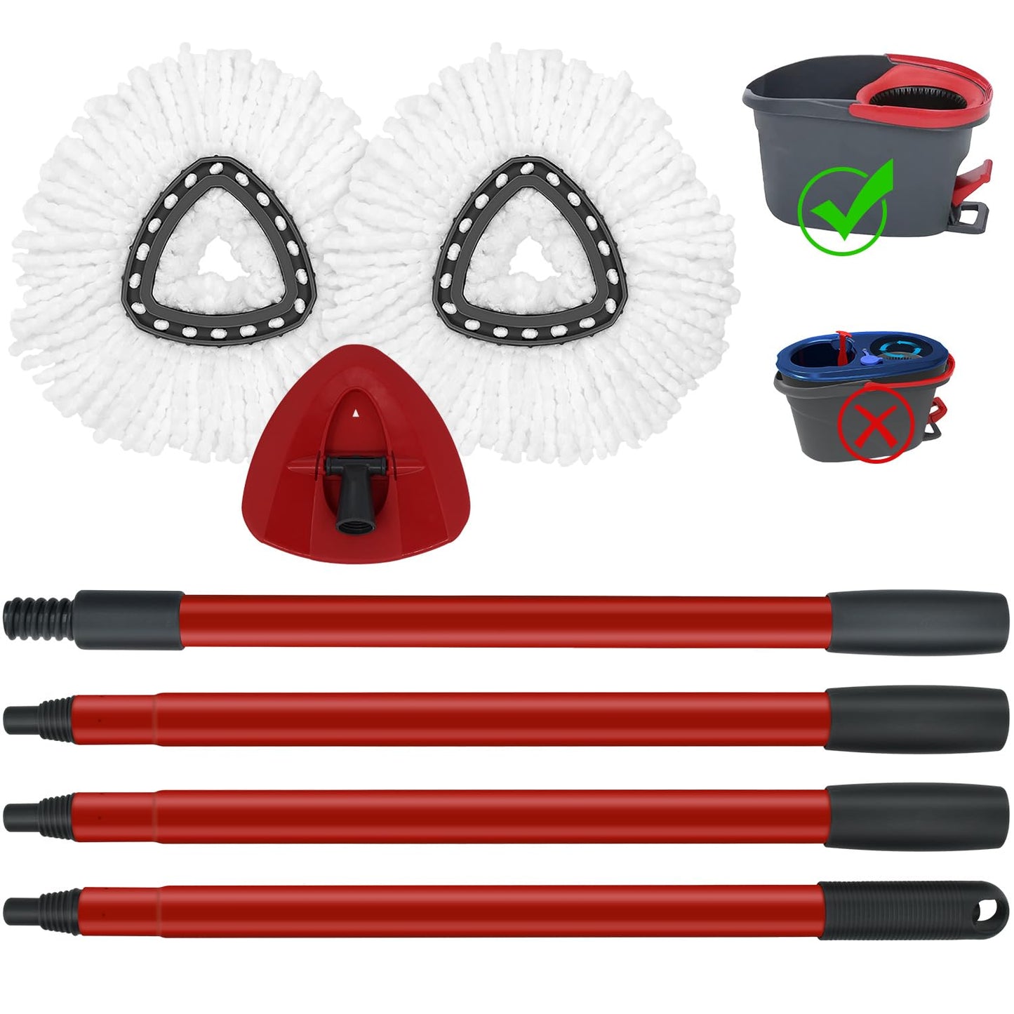 Mop Replace Heads Mop Handle and Base Replacement for O Cedar EasyWring 1-Tank Spin Mop System, 2 Microfiber Mops Refills, 4-Section Iron Mop Handle 30-58Inch and 1 Mopping Heads Cover Set (No Bucket)