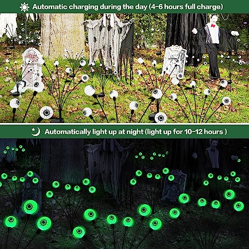 BeHiller Halloween Decorations Outdoor Solar Scary Eyeball Lights,2PACKS 12LED Green Eyeball Swaying Firefly Lights,Waterproof Solar Halloween Path