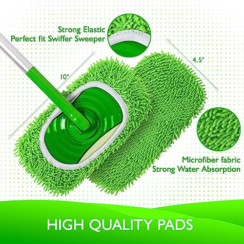 Reusable Microfiber Mop Pads Compatible with Swiffer Sweeper- 4 Pack Dry Sweeping Cloths & Wet Mopping Cloths - Chenille Washable Wet Pads Refill for Mopping Floors (Mop is not Included)