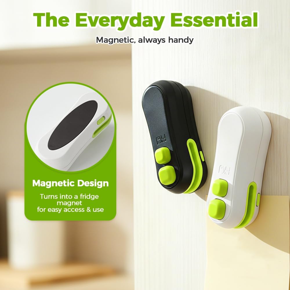 Mini Bag Sealer, 2-in-1 Heat Sealer and Cutter with Magnet, Portable USB Rechargeable Bag Resealer for Chip Bags, Snacks & Food Storage, Handheld Chip Bag Sealer (White)