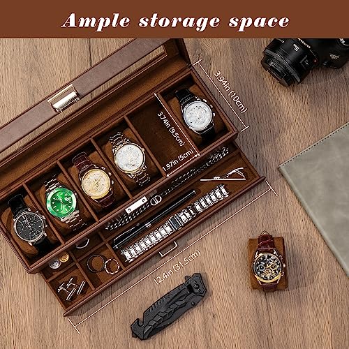 ProCase Watch Box, Fathers Day Gift for Dad, 6 Slot Watches Display Case with Drawer, Mens Watch Case with Glass Lid, 2-Layer Mens Jewelry Organizer Storage Holder -6 Slot, Espresso
