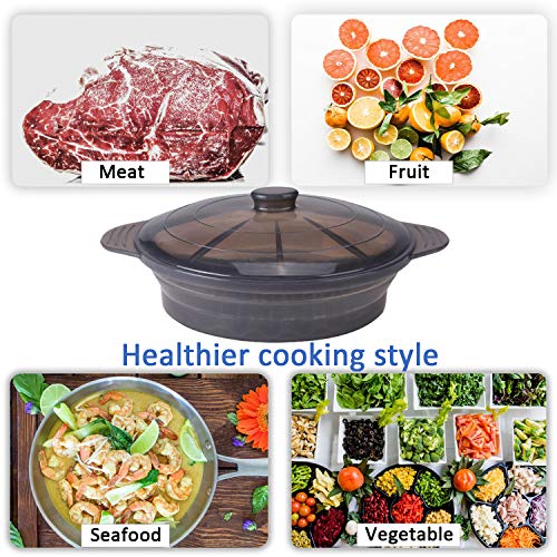 Microwave Steamer Cooker Collapsible Bowl Silicone Baked Potato Cookware with Handle Lid for Vegetables Fish Prep Meal Food with Removable Rack BPA Free Easy to Store Freezer Dishwasher Safe Black