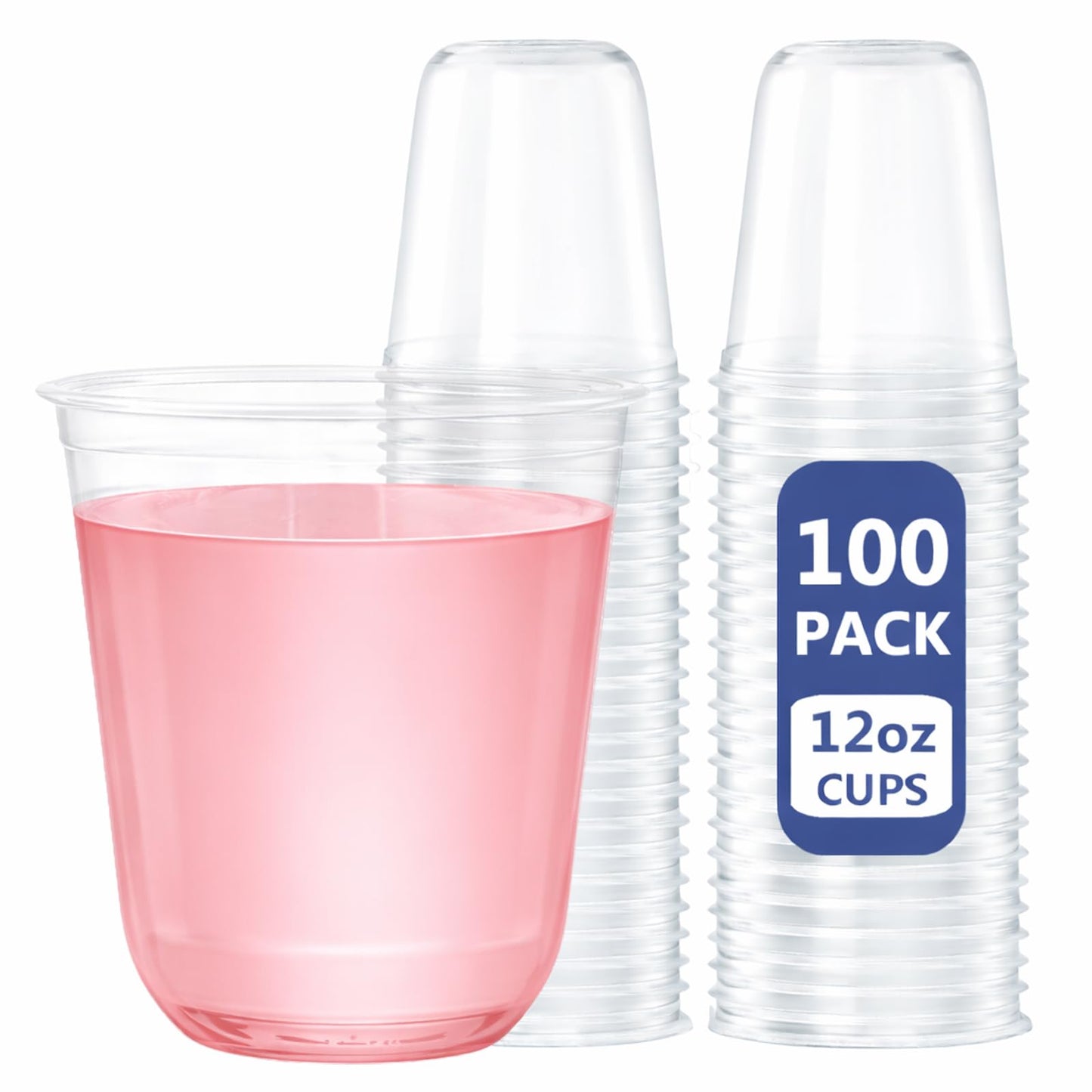 WELLIFE 12 oz Clear Plastic Cups, 100 Pcs Disposable Wine Glasses Stemless Cocktail Punch Cups for Cold Drinking Wedding Party Supplies Valentine's Day
