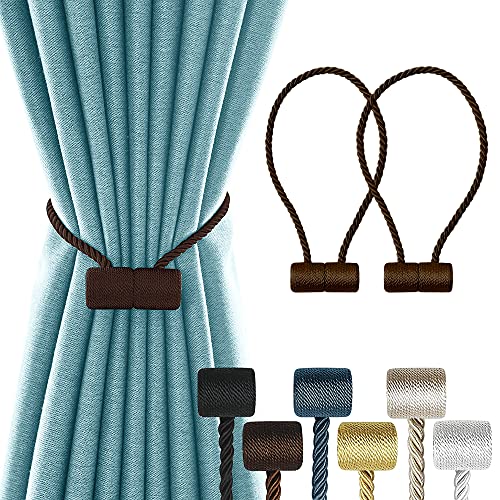 2Pack Magnetic Curtain Holdbacks Modern Upgrade Strong 16Inch Rope Ties New Twisted Handmade Rope Holdback Style Decorative Drapery Tie Backs for Home Office Window Draperies (Dark Coffee)