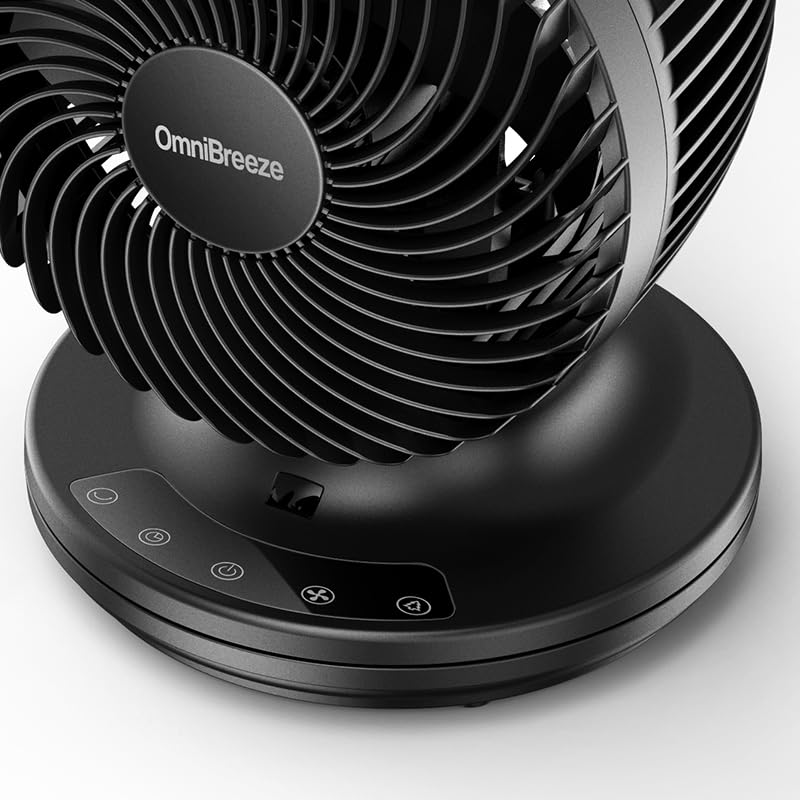 OmniBreeze 6 Inch Black Table Fan for Bedroom, Desk Air Circulator Fan with Remote, 85° Vertical+60° Automatic Oscillating Fan, 5 Speeds, 7H Timer, LED Display