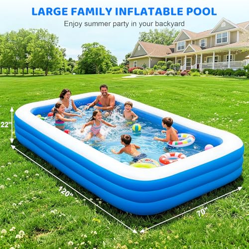 Large Inflatable Pool for Adults, 120'' x 70'' x 22'' Blow Up Pool | Family inflatable pool with thick PVC for backyard water play, kiddie pool fun, outdoor summer swimming