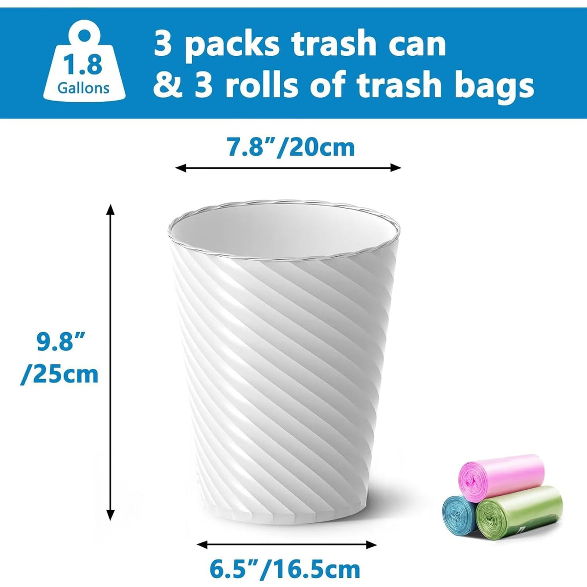 Bathroom Trash Can, 3 Pack 1.8 Gallons Small Trash Can with Trash Bags, Bathroom Garbage Can, Plastic Trash Bin, Round Waste Basket for Living Room, Bedroom, Office, Kitchen, Compact Space (White)