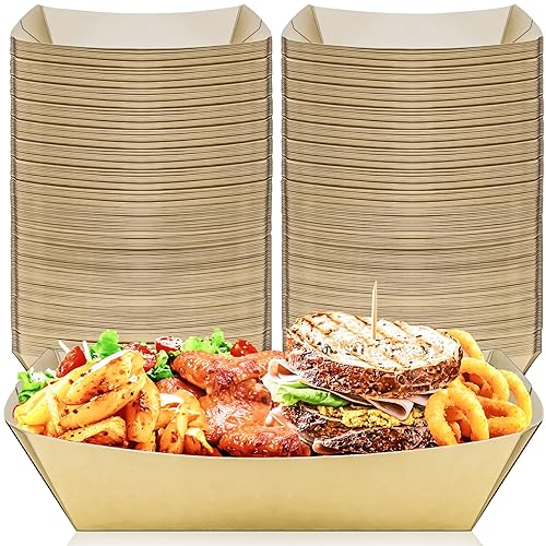 100 Pack 5LB Extra Large Paper Food Boats Trays Disposable Paper Boat, Heavy Duty Kraft Food Serving Tray Boat Basket for Snack Popcorn Sandwich Burger Taco BBQ Dessert Fries Nacho