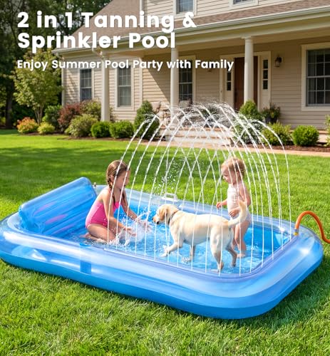 Inflatable Tanning Pool Lounger Float with Sprinkler, 77" x 48" XL Tanning Pool for Adults with Pillow & Cup Holder, 6 in 1 Suntan Tub Sunbathing Bed Pool Floats Adult for Backyard, Beach & Lake