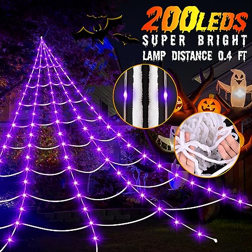 Halloween Decorations Outdoor, 200 LED Halloween Giant Spider Web Lights, 16.4Ft Lighted Spider Web Light up for Yard Haunted House Decor