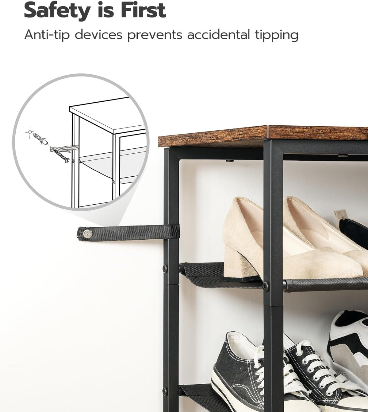 HOOBRO Shoe Rack, 4 Tier Shoe Storage Organizer with 3 Oxford Fabric Shelves and Top Panel, Holds 12-16 Pairs of Shoes for Entryway and Closet, Industrial, Rustic Brown BF47XJ01G1