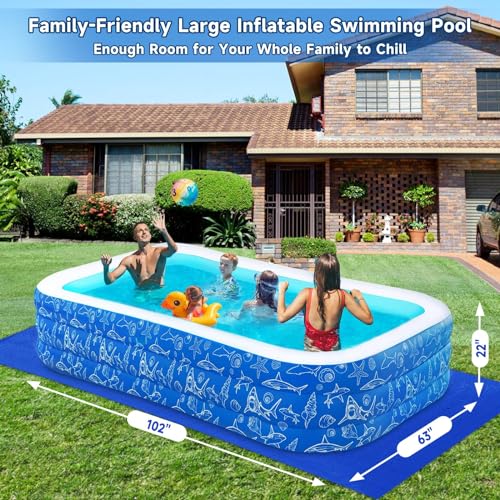 Nattork Inflatable Pool for Kids and Adults, 102" x 63" x 22" Family Full-Sized Inflatable Swimming Pool,Durable Thickened Above Ground Blow Up Pool for Kids Pools for Backyard Indoor Outdoor Shark