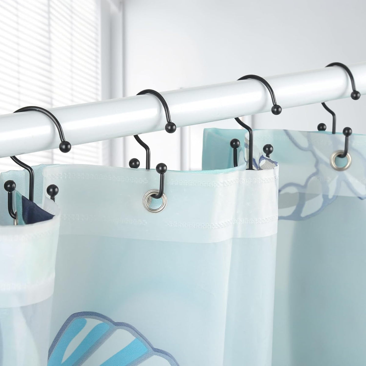 Goowin Shower Curtain Hooks, 12 Pcs Shower Curtain Rings, Durable Rust Proof Black Shower Curtain Hooks, Shower Rings for Curtain, Double Glide Shower Hooks for Shower Curtain Rods, Black