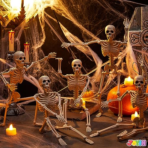 JOYIN 5 PCS Posable Halloween Skeleton Decor 16 Inches, Full Body Posable Joints Hanging Skeletons for Halloween Decorations, Graveyard Props