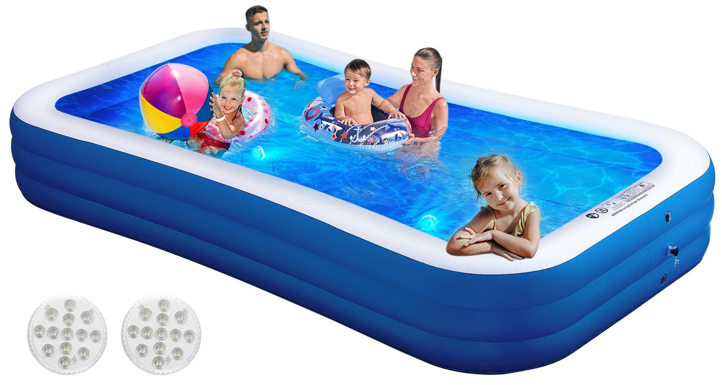 Inflatable Swimming Pool with Pool Lights, 130" x 72" x 22" Full-Sized Large Inflatable Family Pool, Summer Water Party, Outdoor, Garden Backyard, Suitable for Adults