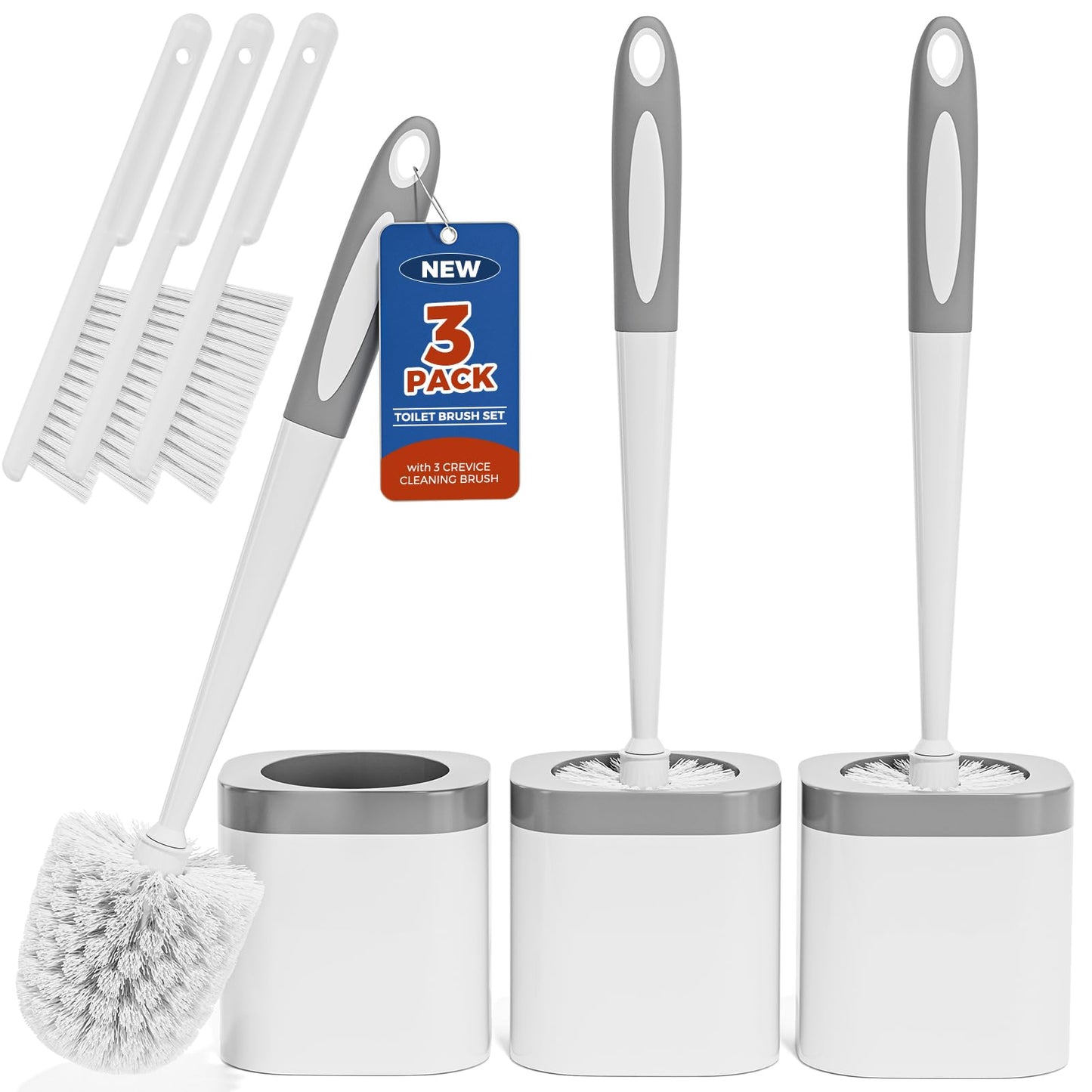 Toilet Brush, 3 Pack Toilet Brush and Holder Set Bathroom Accessories, Toilet Bowl Brush and Holder with 3 Crevice Brush for Bathroom, Toilet Scrubber Brush (White)