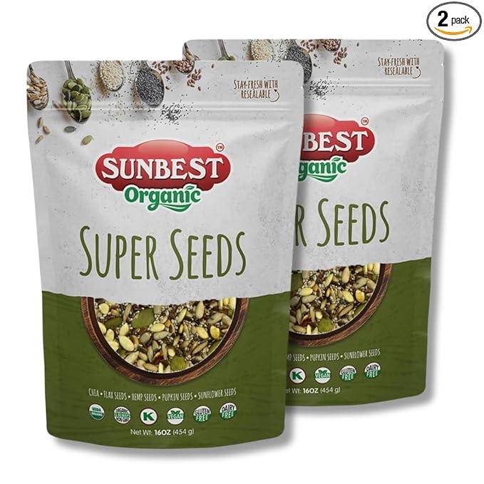 Sunbest Natural Organic Super Seeds Mix, 2-Pack – Raw Chia, Flax Seed, Hemp, Pumpkin & Sunflower Seeds – Great For Trail Mix, Smoothies & Salads – Superfood Blend Rich in Protein & Fiber (32 oz)