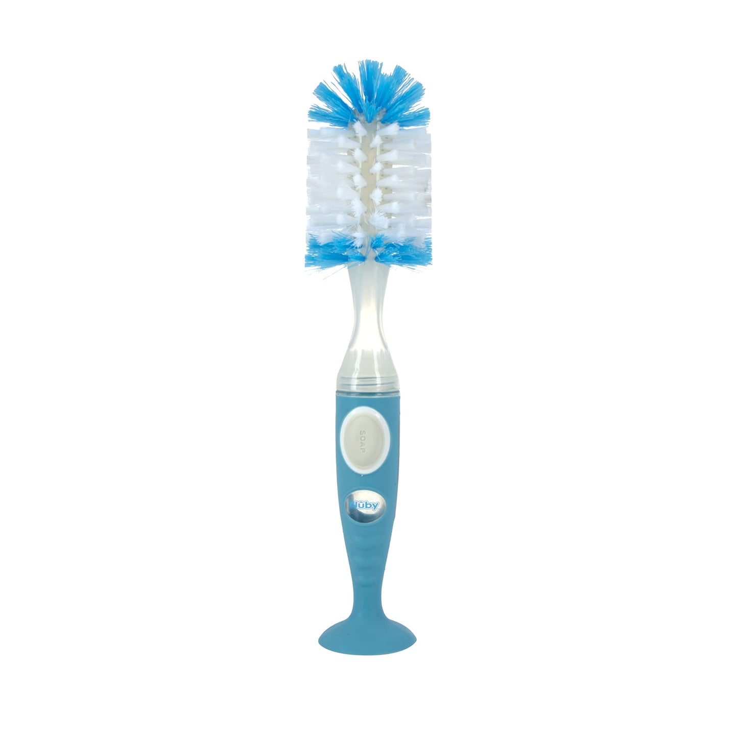 Nuby Easy Clean Dispensing Soft and Durable Bristle Bottle Brush with Textured Handles and Suction Base, 2 in 1 System, Blue