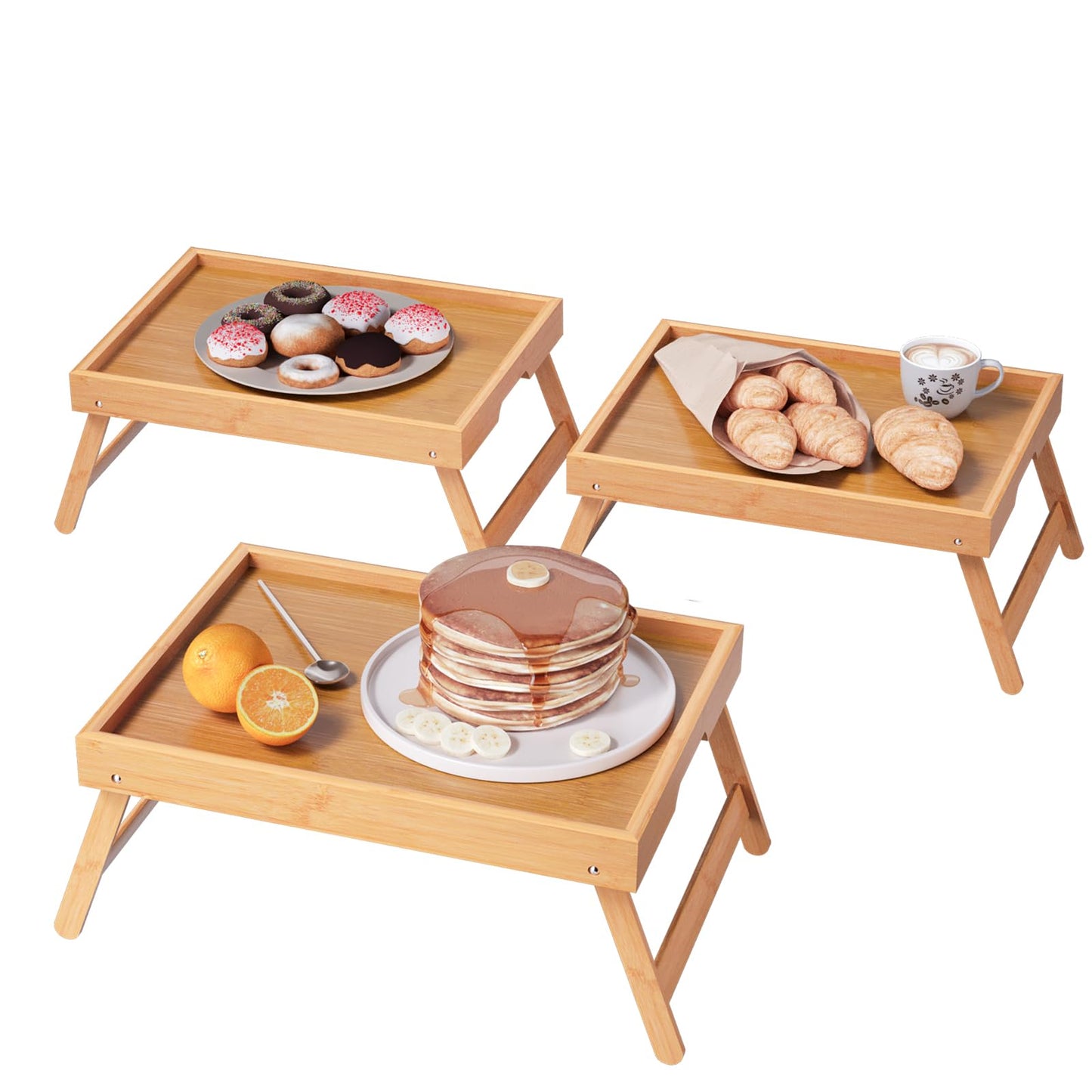 VERTORGAN 3 Pack Bamboo Bed Tray Table with Folding Legs,Breakfast Trays,Serving Tray,Laptop Tray for Working,Food Snack Tray for Bed and Sofa(Natural)