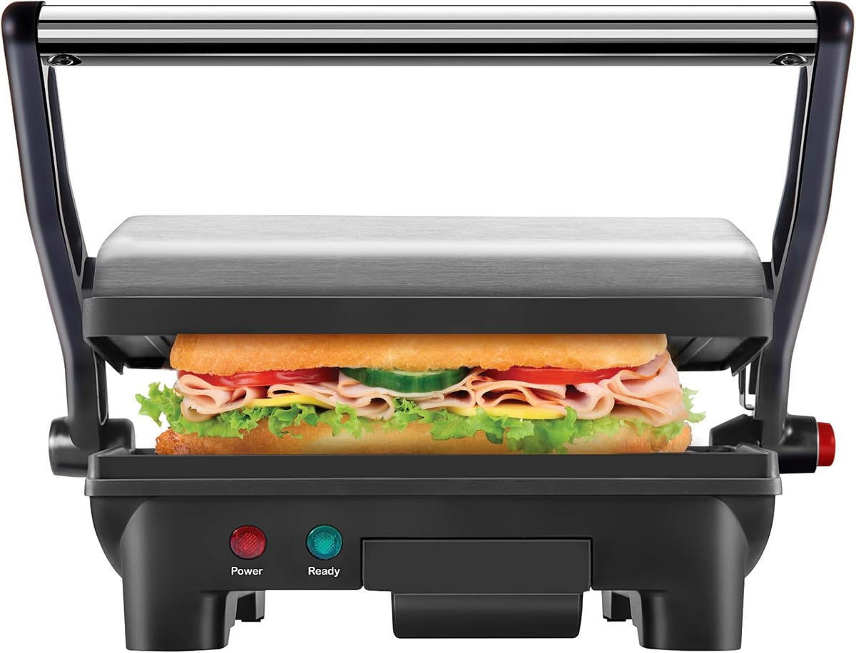 Chefman Electric Panini Press Grill, Compact 2-Slice Sandwich Maker, Non-Stick Coated Plates, Opens 180 Degrees, Dishwasher Safe, Removable Drip Tray, Stainless Steel/Black