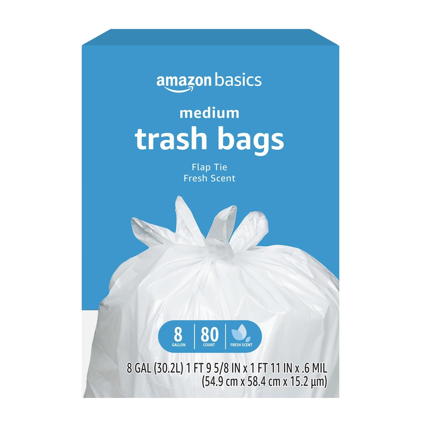 Basics 8 Gallon Flap Tie Trash Bags, Fresh Scent, 80 Count