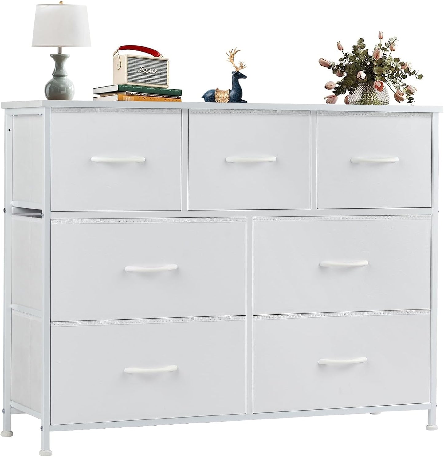 OLIXIS Dresser for Bedroom, 7 Storage Drawers, Wide Fabric Closet Chests Organizer Tower Furniture, TV Stand with Wooden Top Metal Frame for Clothes, Living Room, Hallway, Entryway, Classic White