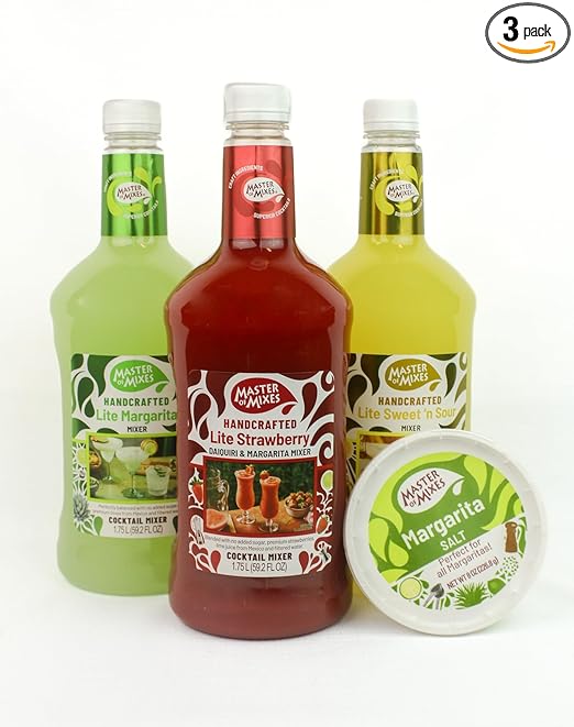 Master of Mixes Margarita/Daiquiri Lite Drink Mixes Variety, Ready to Use, 1.75 Liter Bottles (59.2 Fl Oz), Pack of 3 Flavors + Margarita Salt