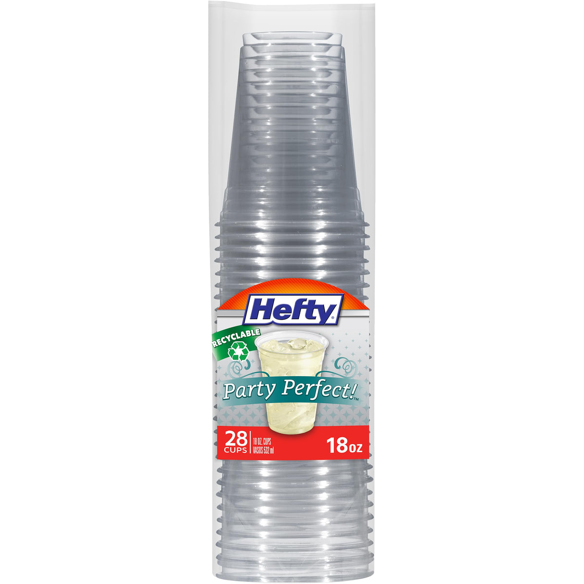 Hefty Party Perfect Clear Plastic Cups, Large Clear Party Cups for Easy Cleanup and Large Gatherings, Recyclable, 18 Ounce, 28 Count