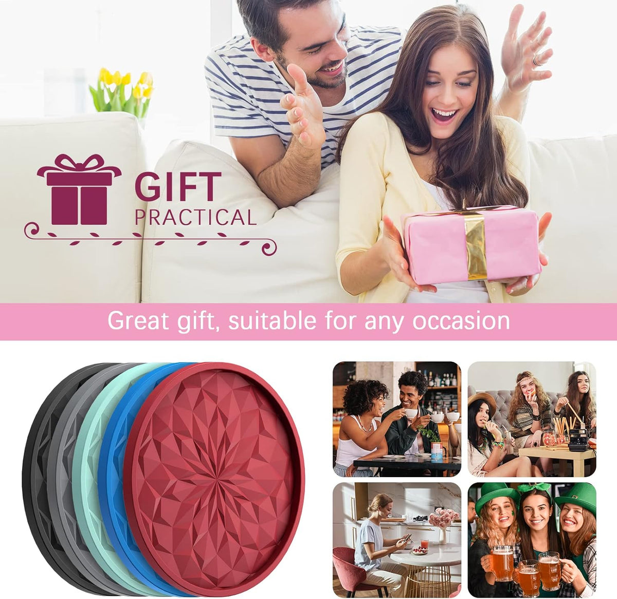 ME.FAN Silicone Coasters with Holder,6 Pack Drinking Coasters - Cup Mat for Hot or Cold Drinks, Thickened, Non-Slip, Non-Stick, Deep Tray Black