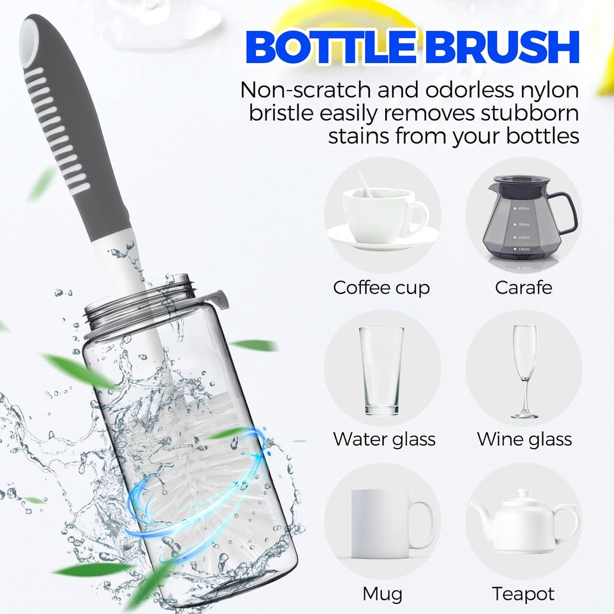 Holikme 6 Pack Dish Brush Set with Bottle Brush, Dish Scrub Brush, Pan Brush and 3 Straw Brushes, Deep Cleaning Handle Brush with Scraper Tip