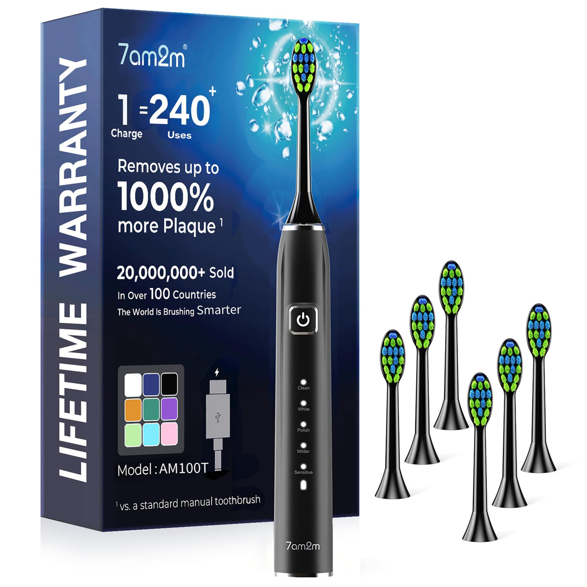 7AM2M Travel Electric Toothbrush for Adults&Kids, Type-C Charging Run for 120 Days, with 6 Brush Heads, 5 Modes&40000VPM Powered Rechargeable Toothbrush, Travel & Home Use (Black)