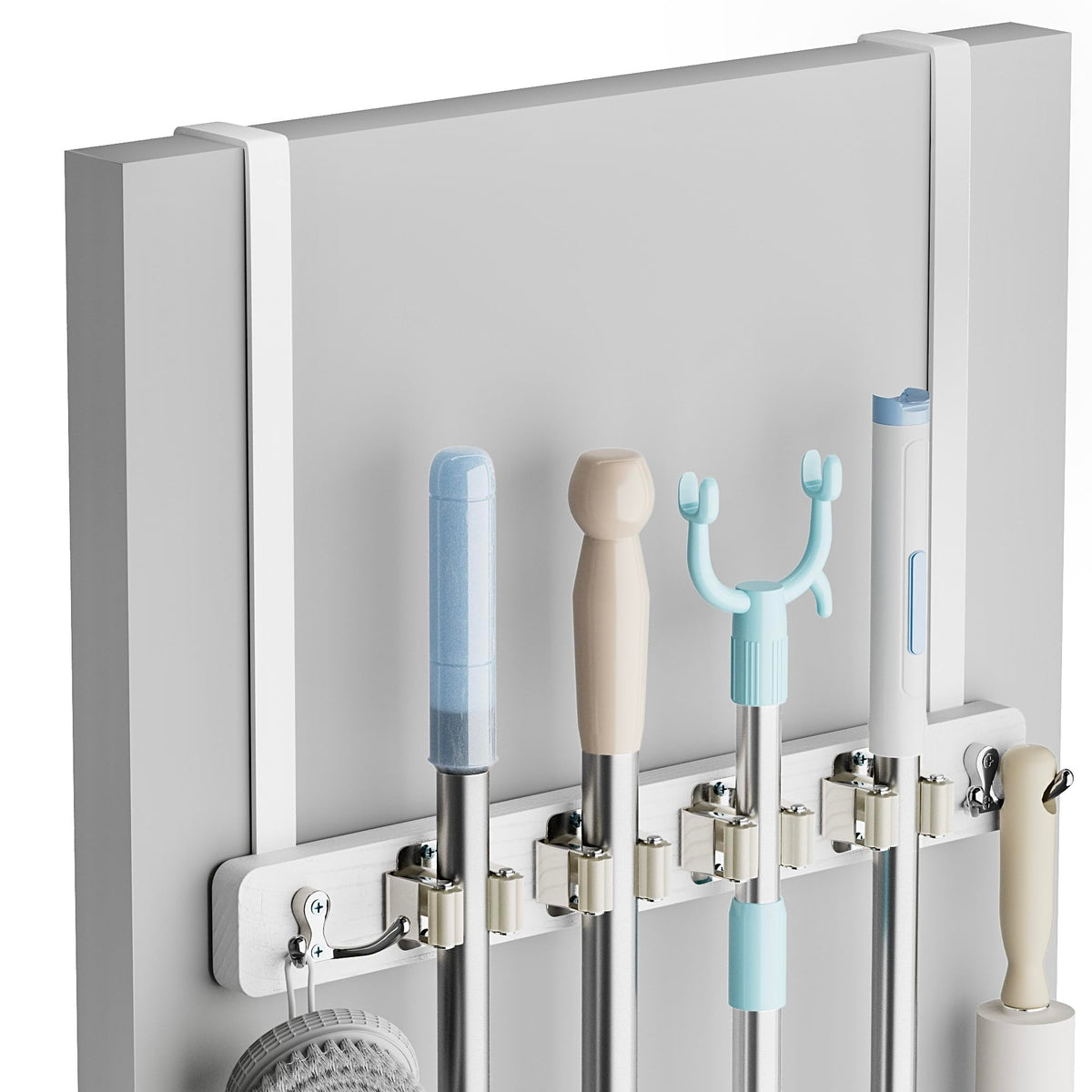 Lorbro Broom Holder Door Mount, Wood Over the Door Broom and Mop Holder